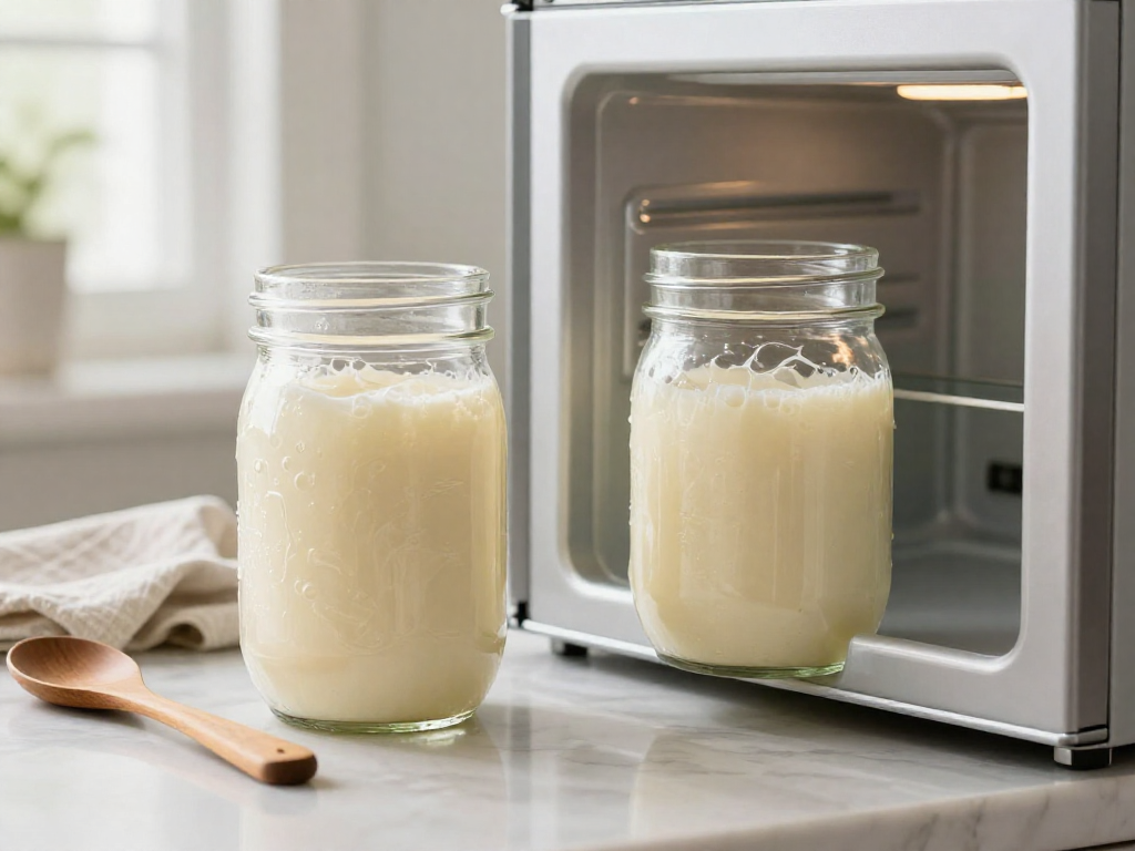Two glass jars of sourdough starter shown side by side, one on the kitchen counter and one in the refrigerator