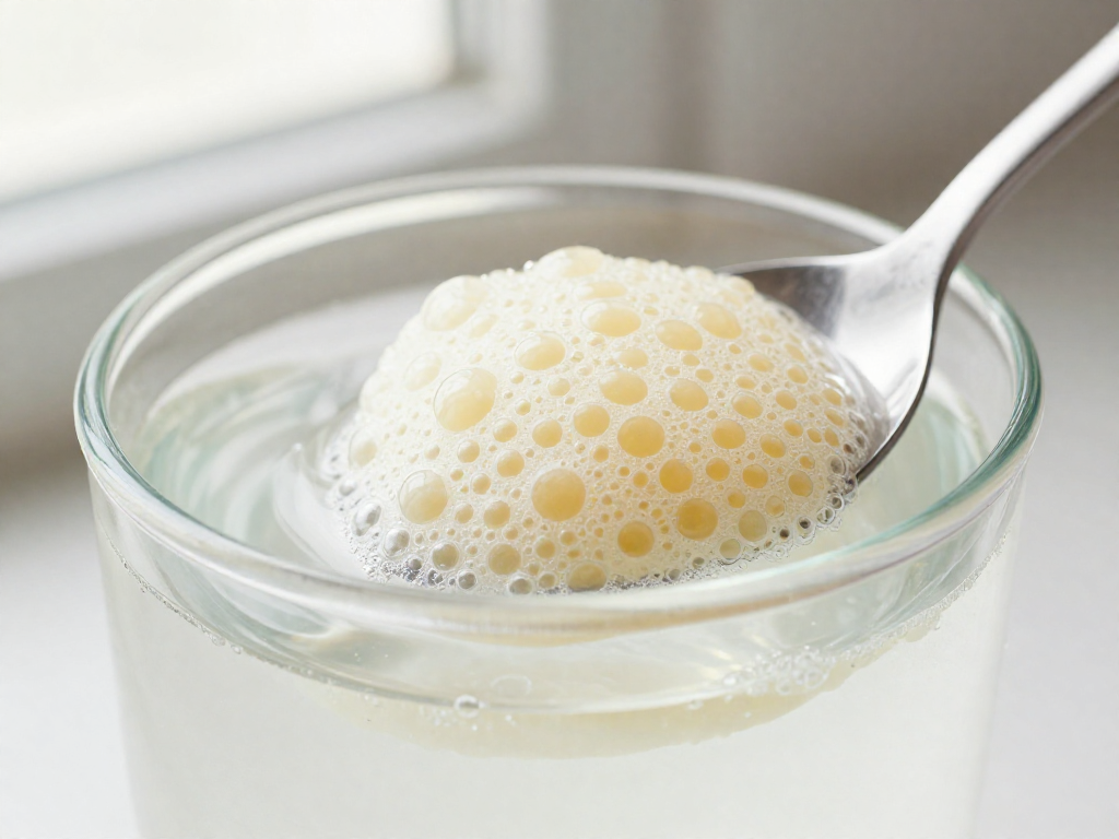 A dollop of bubbly active sourdough starter floating on top of a glass of water during the float test