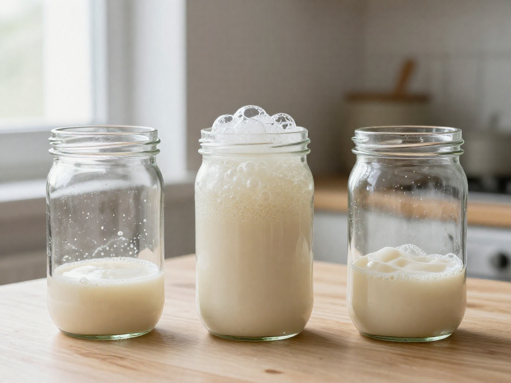 Three glass jars showing sourdough starter under-risen, at peak, and collapsed on a wooden counter