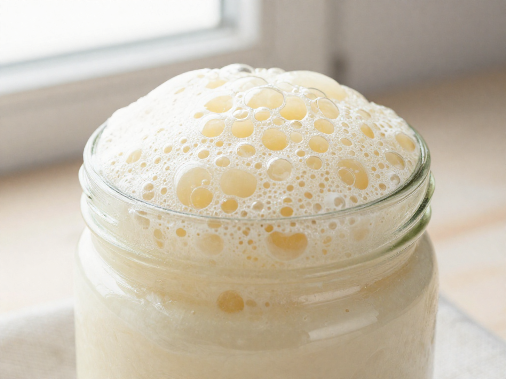 Close-up of a bubbly domed active sourdough starter at peak in a glass jar