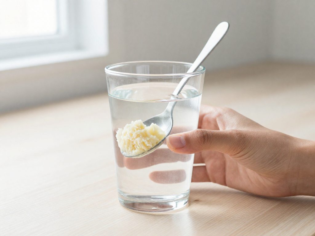 A spoonful of sourdough starter floating on top of a glass of water during the float test