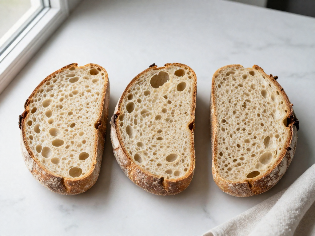 Three sourdough loaf cross-sections showing balanced, tunneling, and tight crumb side by side