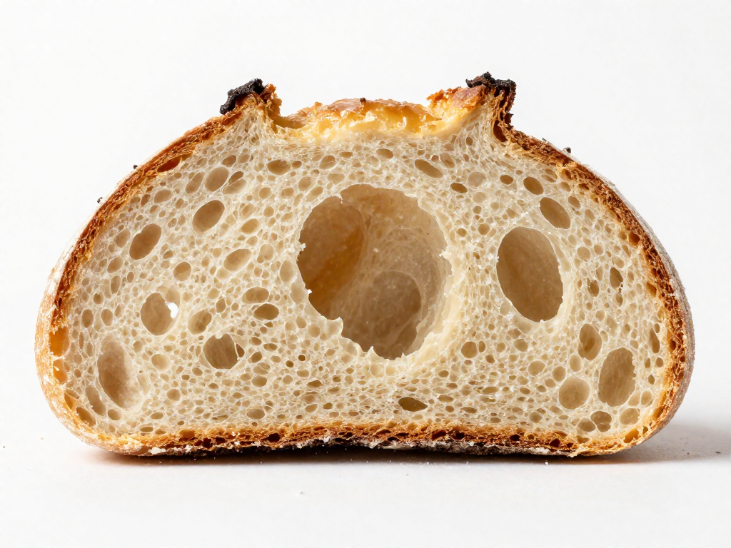 Close-up of a single large tunnel hole under the crust of a sourdough slice