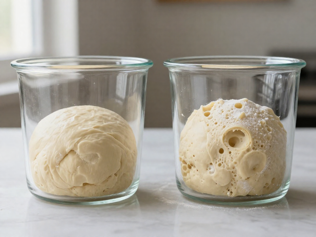 Two glass containers side by side showing sourdough at the start versus end of bulk fermentation