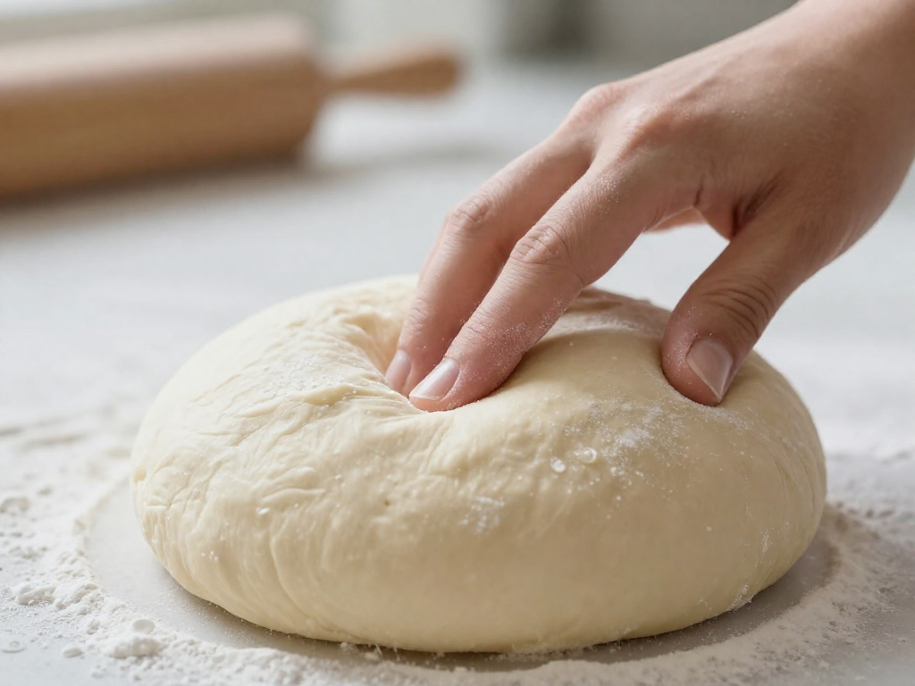 A floured finger pressing into proofed sourdough dough showing springback for the poke test