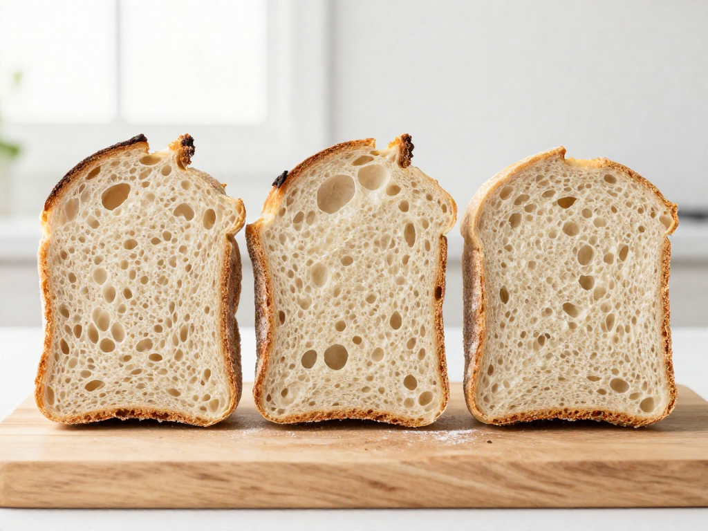 Three sourdough slices comparing under-proofed gummy, perfect open, and over-proofed flat crumb