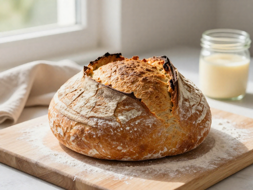 Golden crusty same-day sourdough loaf with a bold ear resting on a floured wooden board