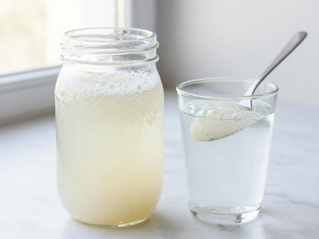 Bubbly active sourdough starter at peak in a glass jar with a float test showing starter floating in water