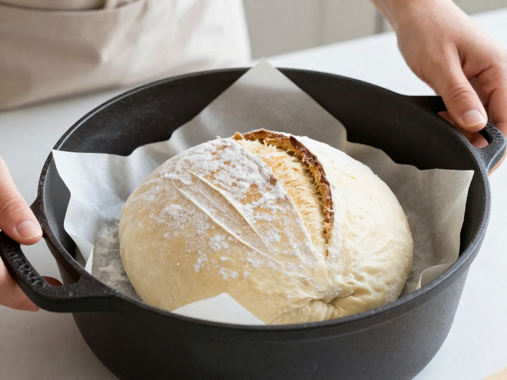Scored round of sourdough dough on parchment being lowered into a hot cast-iron Dutch oven
