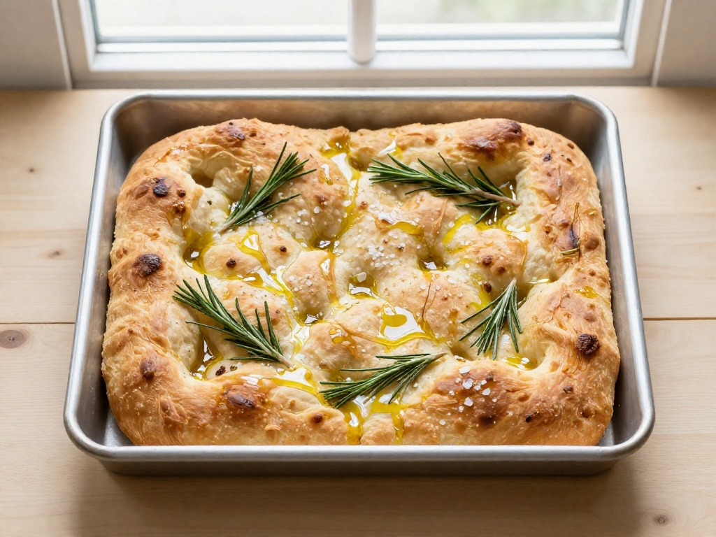 Golden dimpled sourdough focaccia fresh from the pan topped with rosemary and sea salt