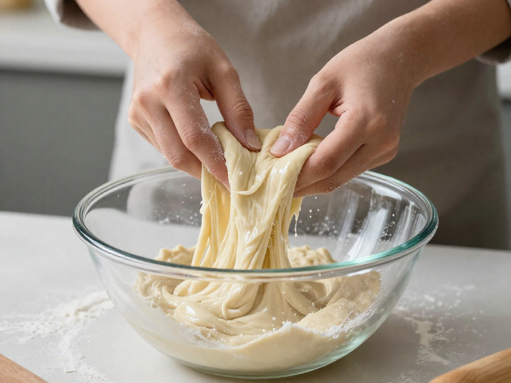 Hands stretching and folding wet sourdough focaccia dough inside a glass bowl