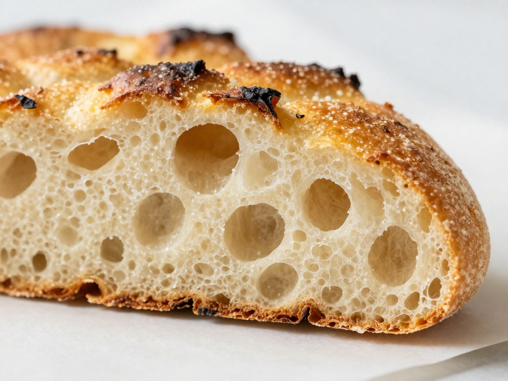 Close-up of sliced focaccia showing an airy, open crumb interior