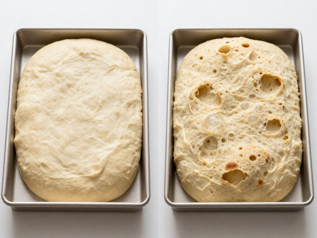 Comparison of under-proofed flat dough beside a well-proofed bubbly focaccia dough
