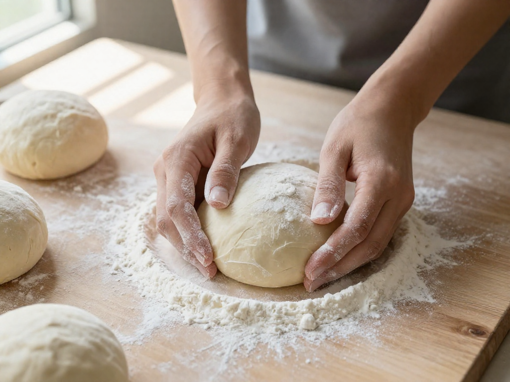 Hands shaping a small round dough ball on a floured wooden surface.