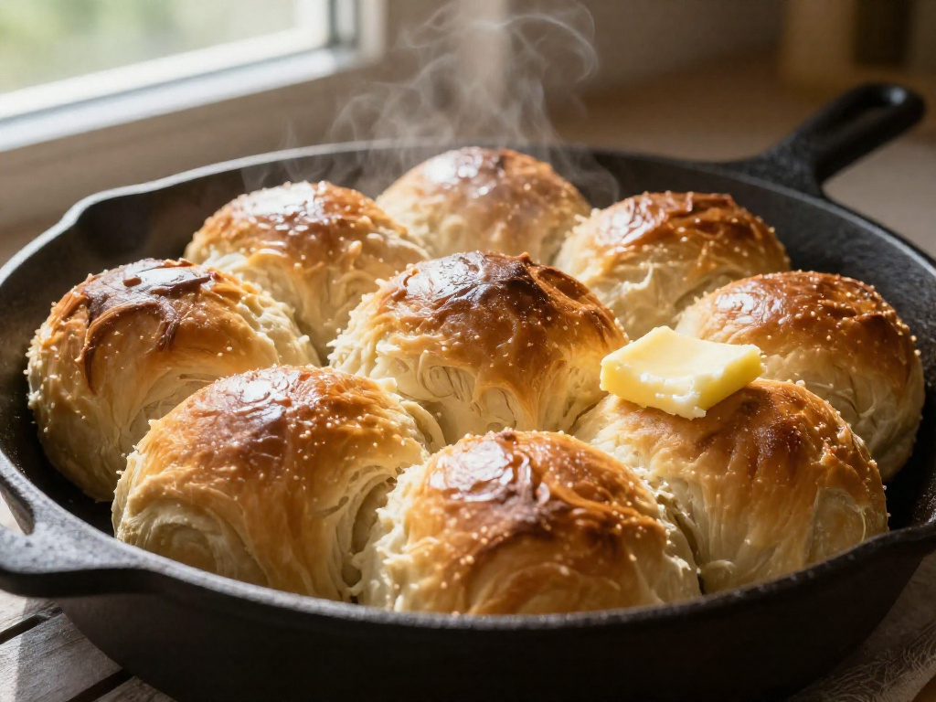 Golden dinner rolls in a cast iron skillet with melting butter.