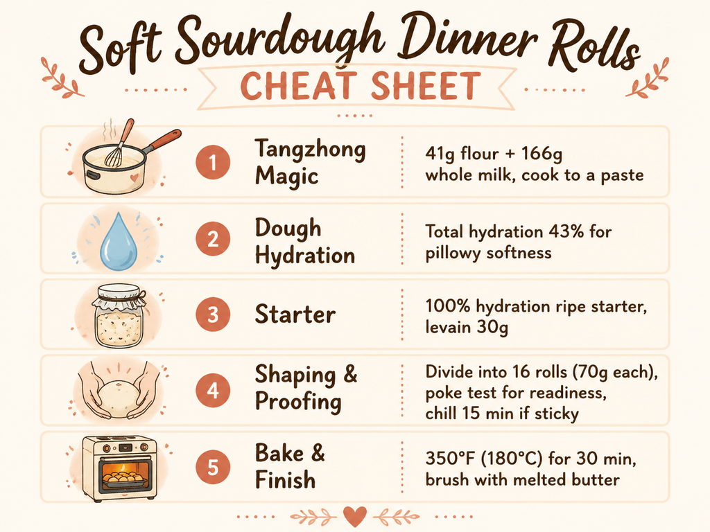 A visually appealing infographic cheat sheet summarizing key points for making soft sourdough dinner rolls, including tangzhong ratio, dough hydration, starter details, shaping and proofing tips, and baking instructions at 350°F for 30 minutes.