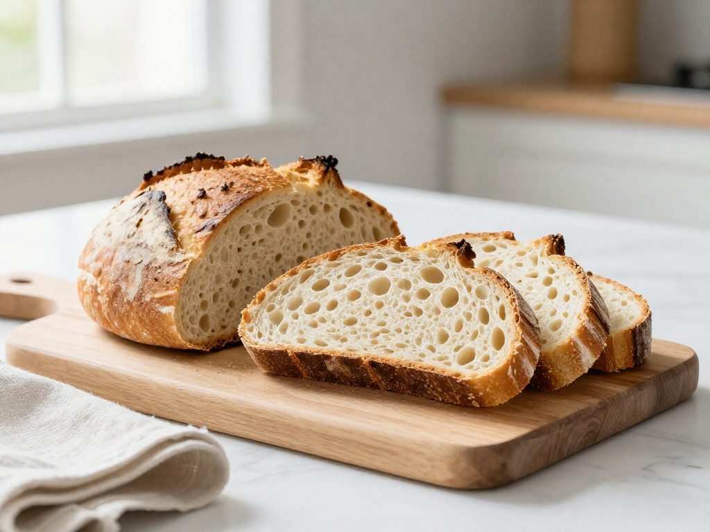 Sliced soft sourdough sandwich bread on a wooden board showing a fluffy even crumb