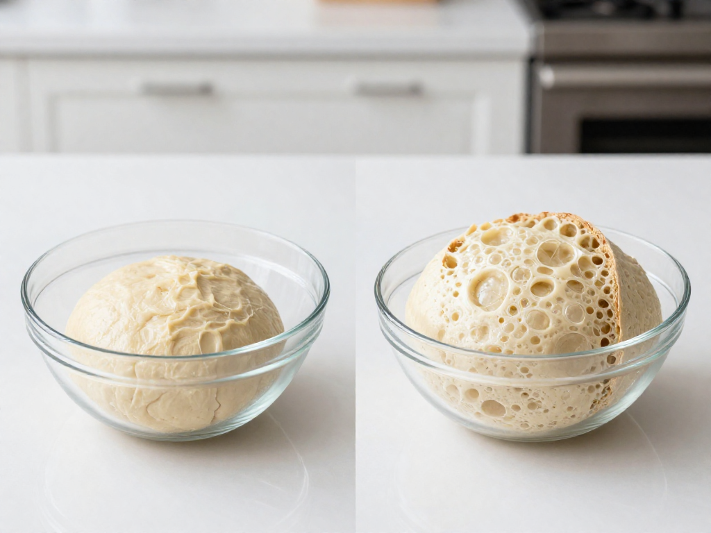 Two glass bowls comparing sourdough dough before and after bulk fermentation rise
