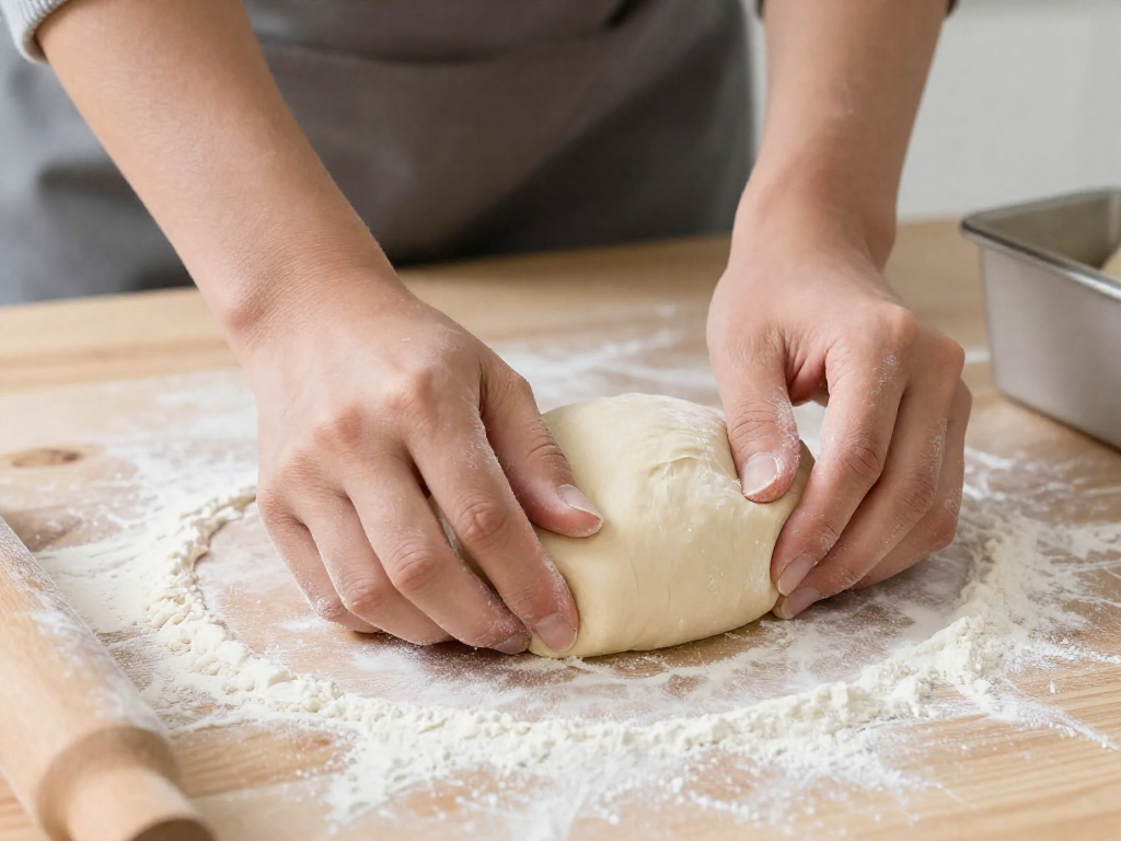 Hands shaping sourdough dough into a cylinder for a loaf pan on a floured surface