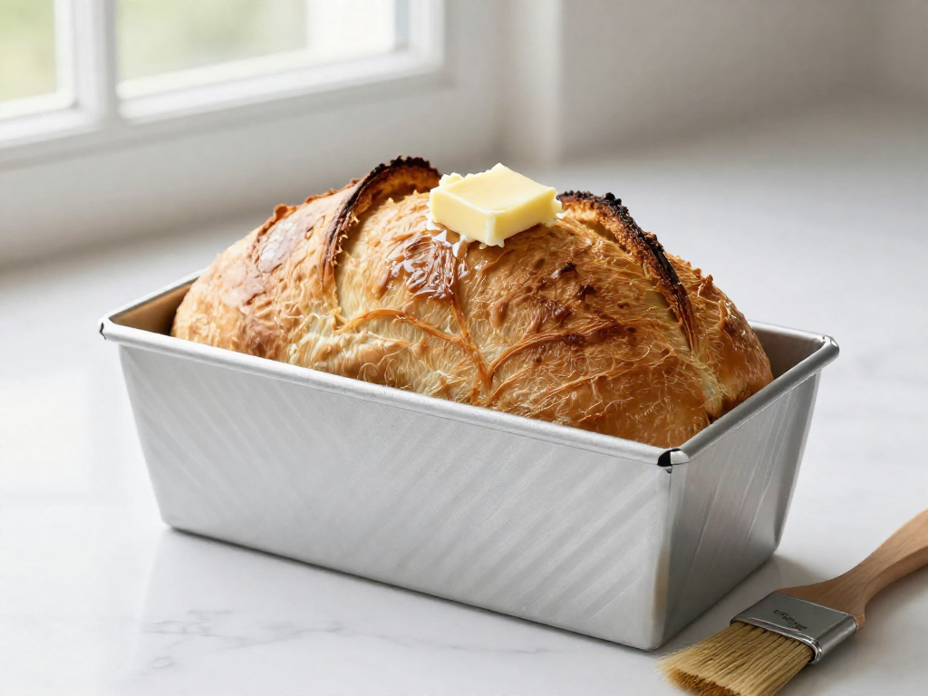 Golden sourdough loaf in a metal pan brushed with melted butter