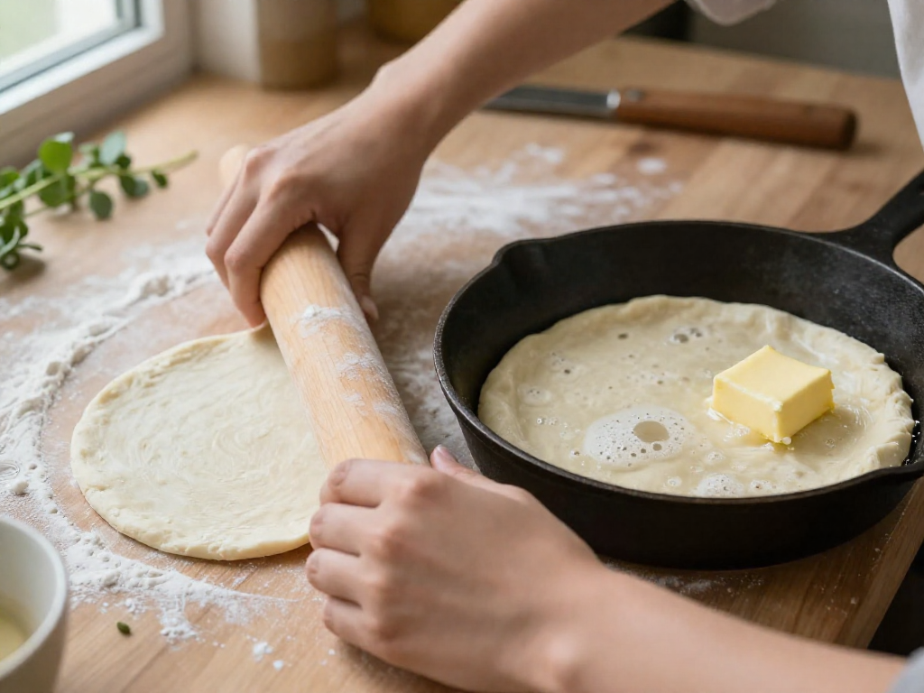 A step-by-step view of someone rolling sourdough discard dough and cooking it in a skillet, with bubbles appearing on the surface.