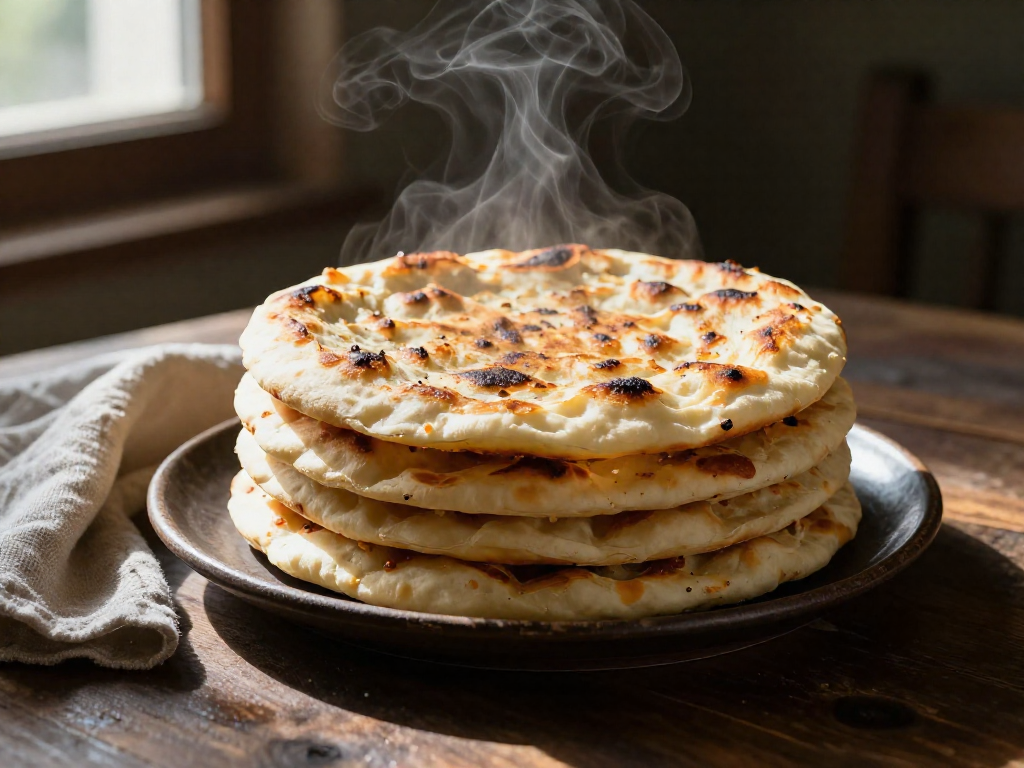 A stack of warm sourdough flatbreads with steam rising, on a wooden table.