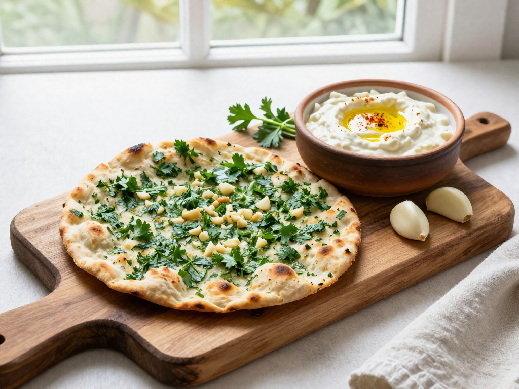 A herb and garlic flatbread on a wooden board with a bowl of dip, surrounded by fresh herbs.