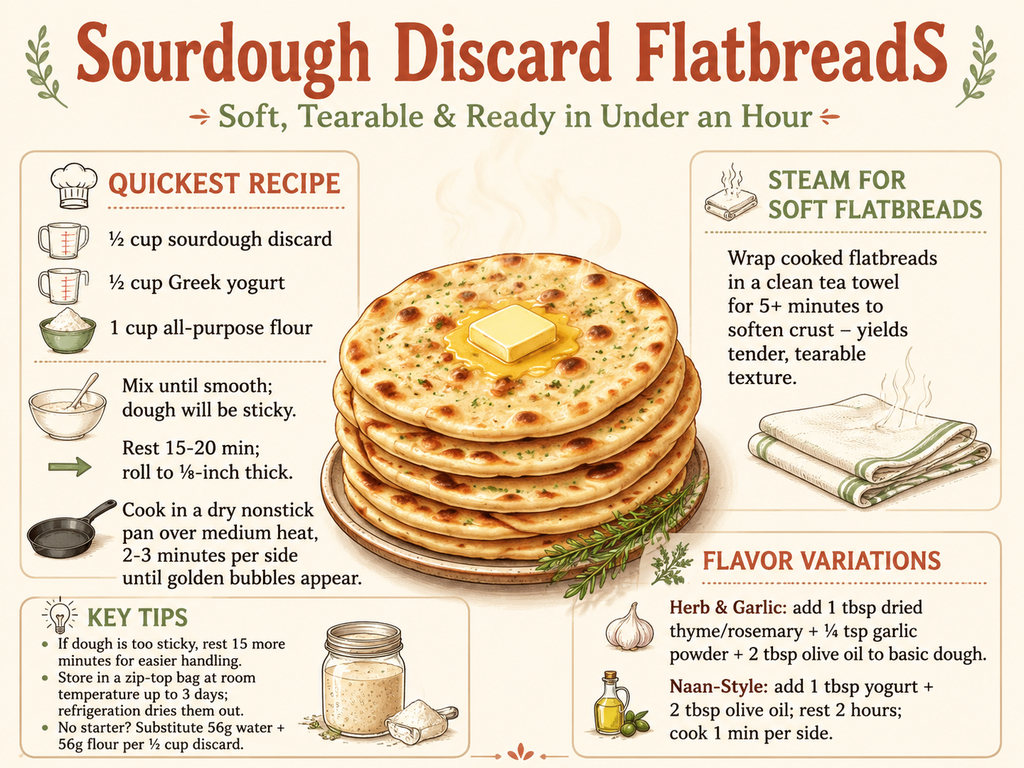 A kitchen cheat-sheet infographic summarizing quick sourdough discard flatbread recipe, tips, and variations. Includes ingredients, cooking times, steaming method, storage advice, and flavor add-ins, with illustration of stacked flatbreads.