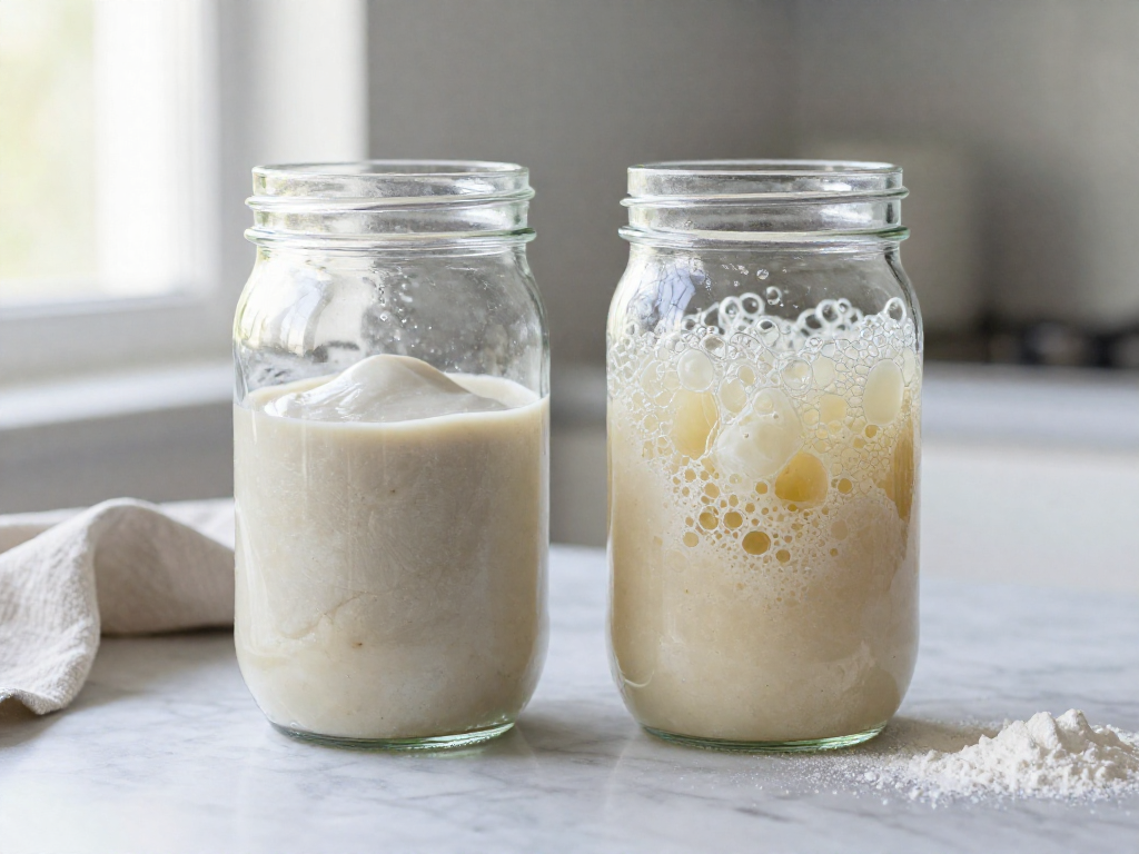 A jar of flat sourdough discard next to a jar of bubbly active sourdough starter on a marble counter