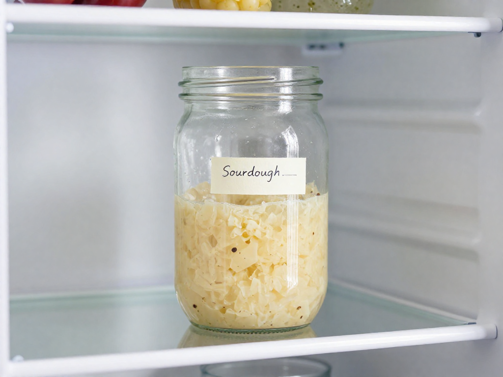A dated, labeled jar of sourdough discard stored on a clean refrigerator shelf