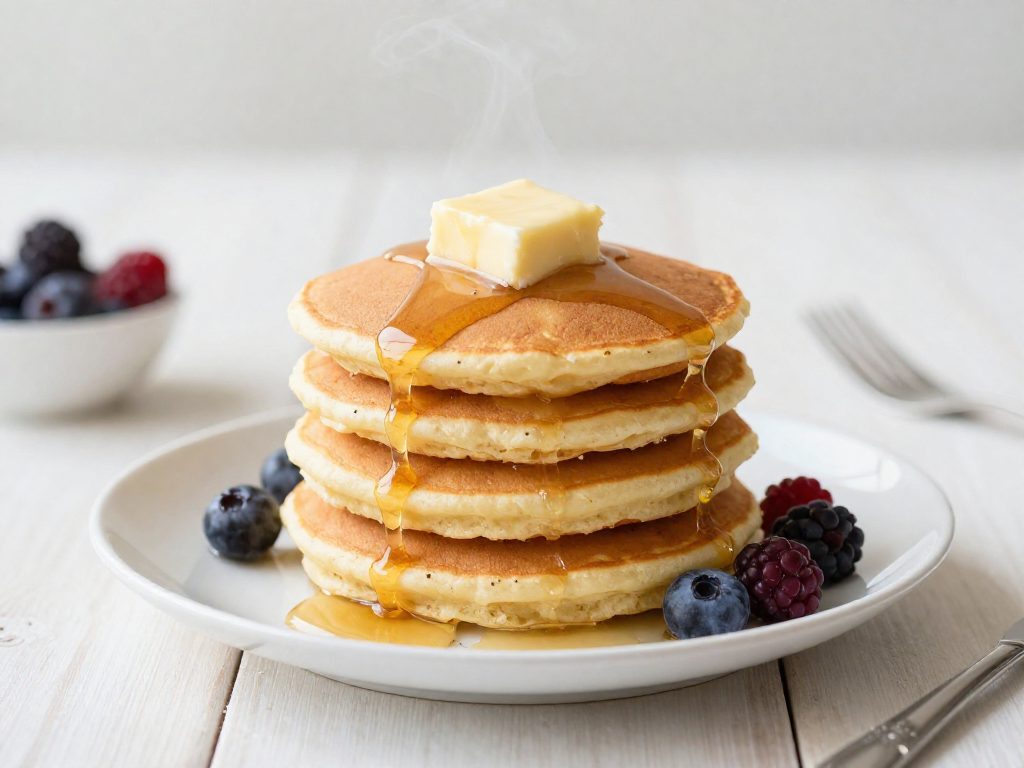 A stack of fluffy golden sourdough discard pancakes with syrup, butter, and berries