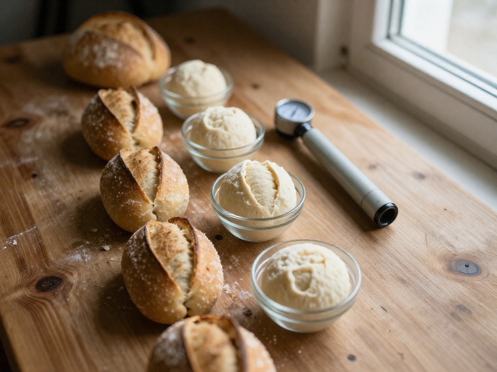 A row of small glass bowls containing sourdough dough at various stages of fermentation, with an analog thermometer on a wooden surface.