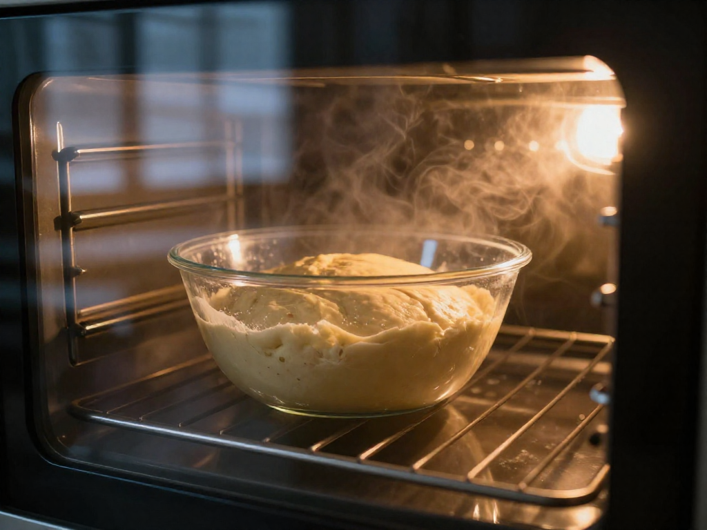 A bowl of dough inside an oven with the light on, seen through the oven window on a cold winter day.