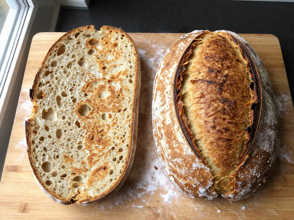 Two sourdough loaves on a cutting board: one overproofed and flat, the other perfectly risen and round.