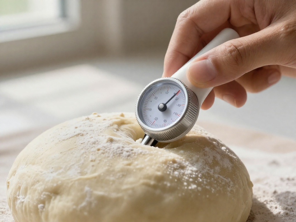 A close-up view of an analog thermometer inserted into a ball of flour-dusted sourdough dough.