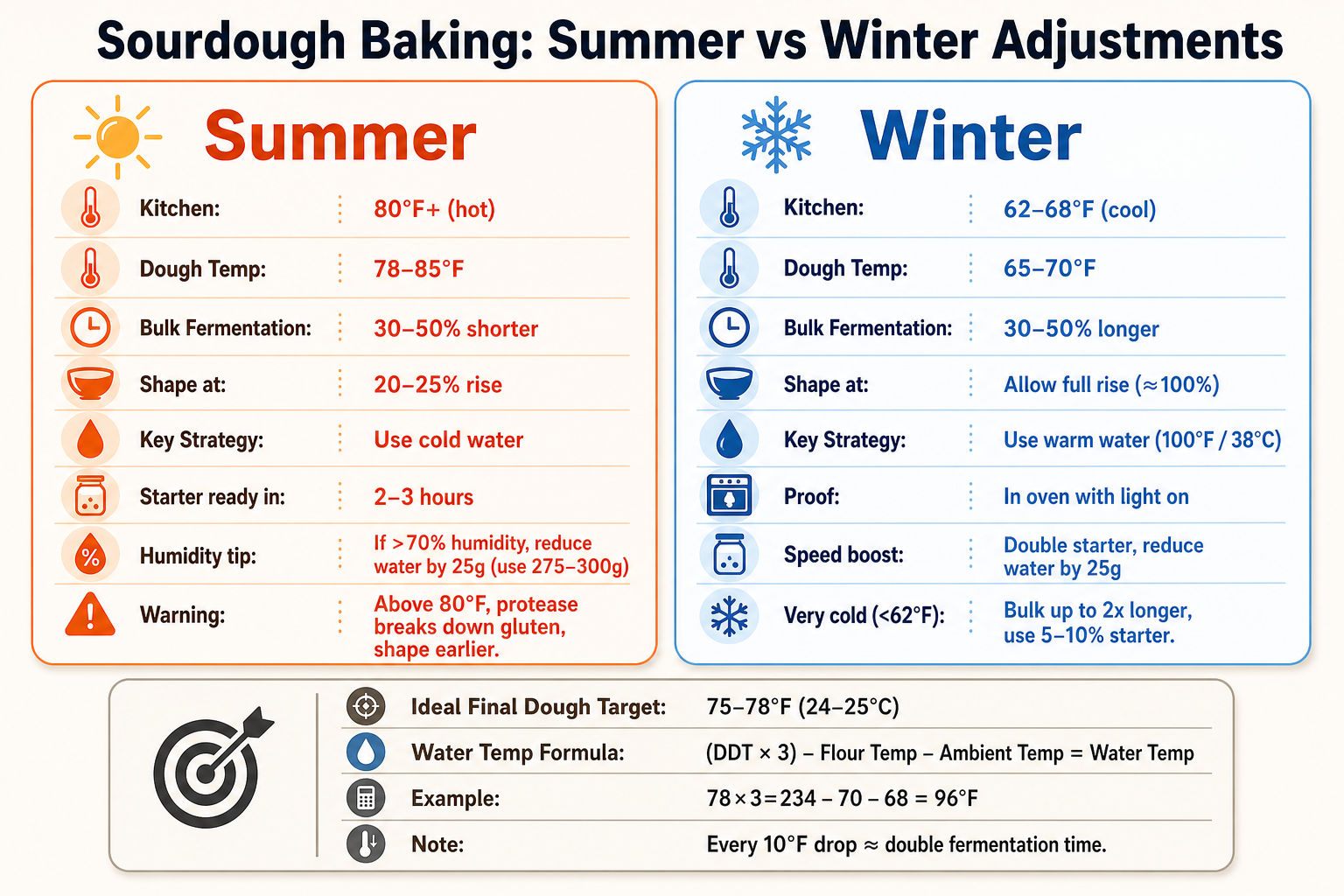 Infographic comparing sourdough baking adjustments for summer (hot kitchen, 80°F+) versus winter (cool kitchen, 62-68°F). Key data: summer dough temp 78-85°F, bulk fermentation 30-50% shorter, shape at 20-25% rise, use cold water; winter dough temp 65-70°F, bulk 30-50% longer, use warm water, proof in oven with light. Includes ideal final dough temperature range 75-78°F, water temperature formula, and tips for humidity and boosting starter.