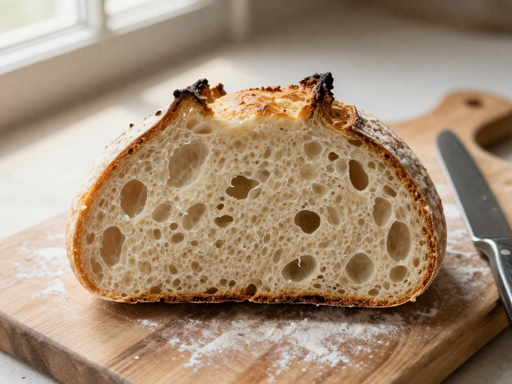 A close-up of a sliced sourdough loaf on a wooden board, showing the open crumb texture.