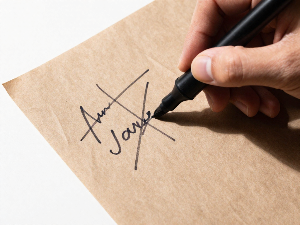 A hand with a black marker striking through writing on brown paper.