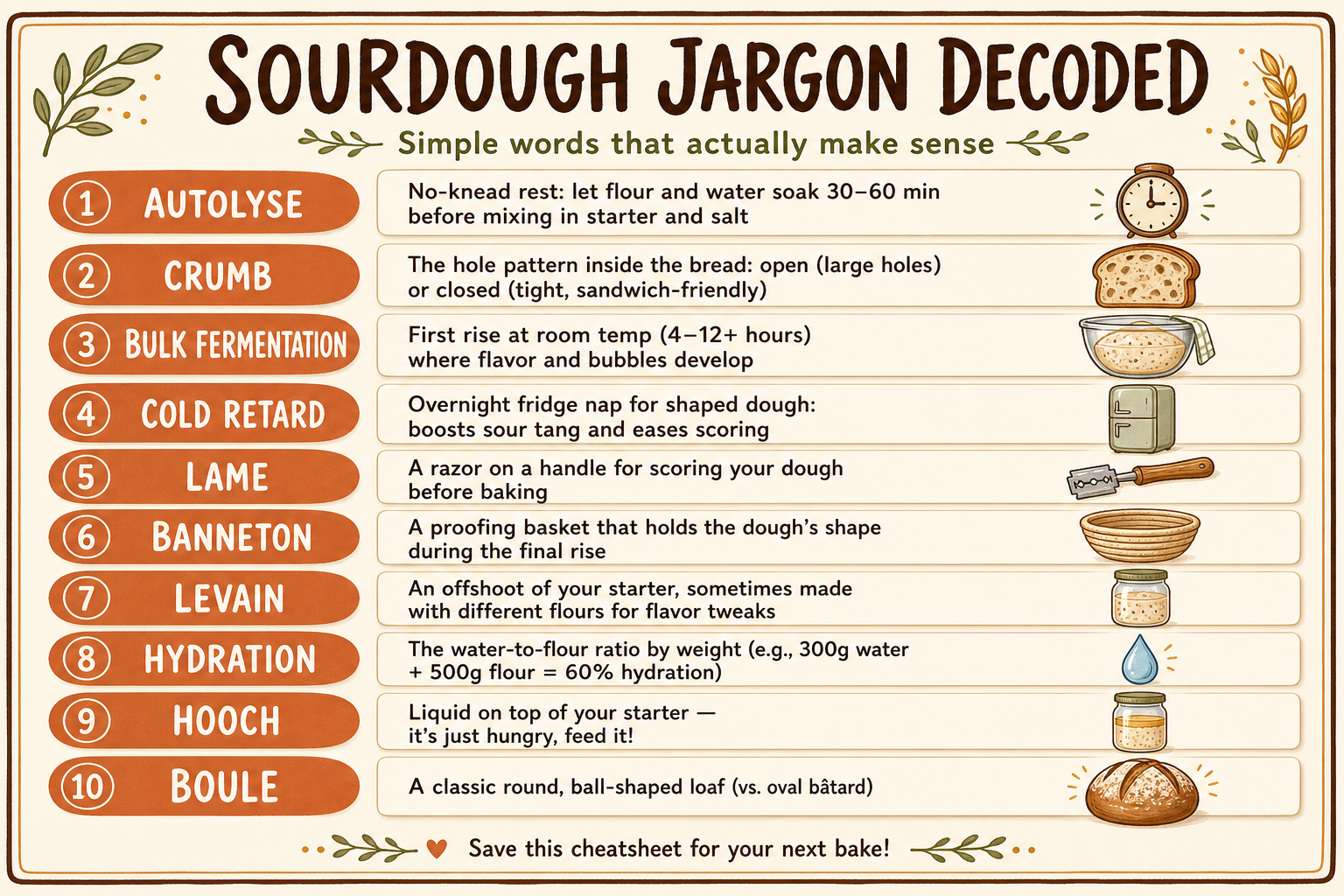 A cheat sheet infographic titled 'Sourdough Jargon Decoded' with ten jargon terms matched to simple explanations. Terms include Autolyse (flour-water rest), Crumb (hole pattern), Bulk Fermentation (first rise), Cold Retard (fridge nap), Lame (scoring razor), Banneton (proofing basket), Levain (starter offshoot), Hydration (water-flour ratio), Hooch (starter liquid), and Boule (round loaf). Hand-drawn icons illustrate each term.