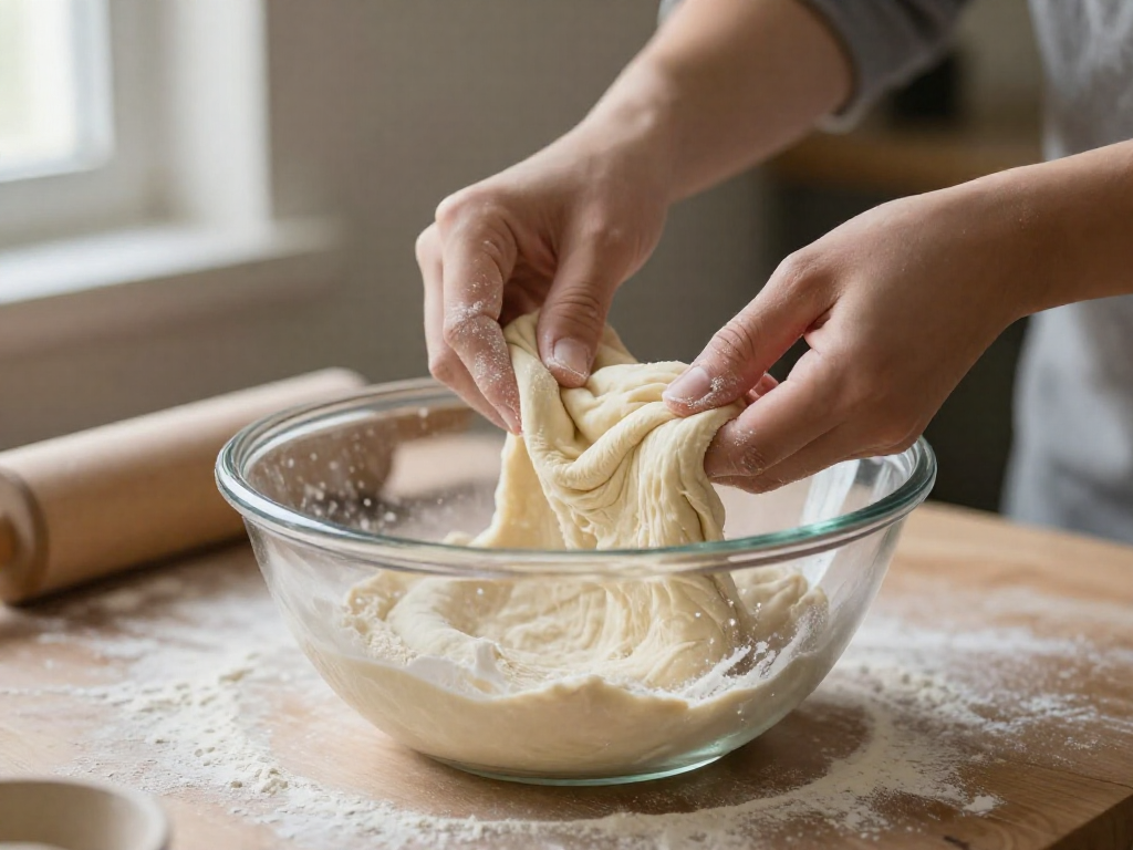 Hands stretch and fold sourdough pizza dough in a glass bowl on a floured counter.