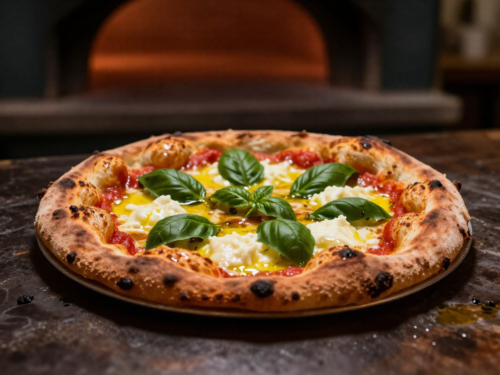 Baked sourdough pizza with bubbly crust, fresh mozzarella, and basil on a steel, drizzled with olive oil.