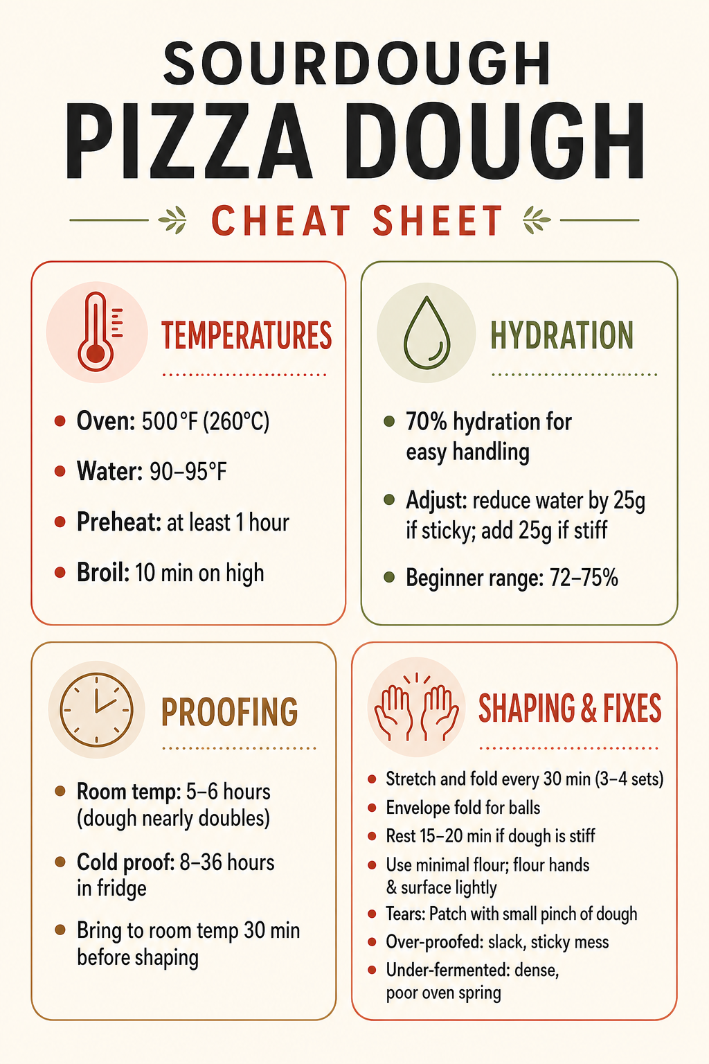 Infographic cheat sheet for sourdough pizza dough with sections on key temperatures, hydration percentage tips, proofing times, shaping techniques, and common troubleshooting fixes. Useful quick reference for beginners.