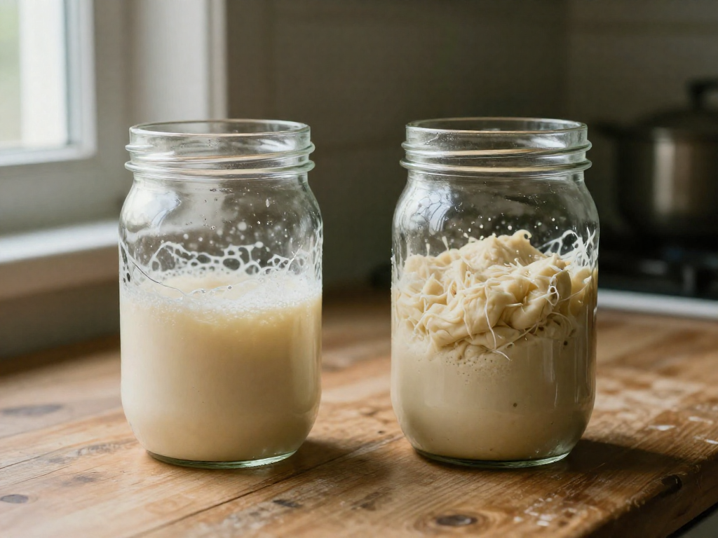 Two clear glass jars of sourdough starter placed side by side on a wooden surface. The left jar contains a thin, liquid-like starter, while the right jar holds a thick, stiff starter with a firm doughy texture.