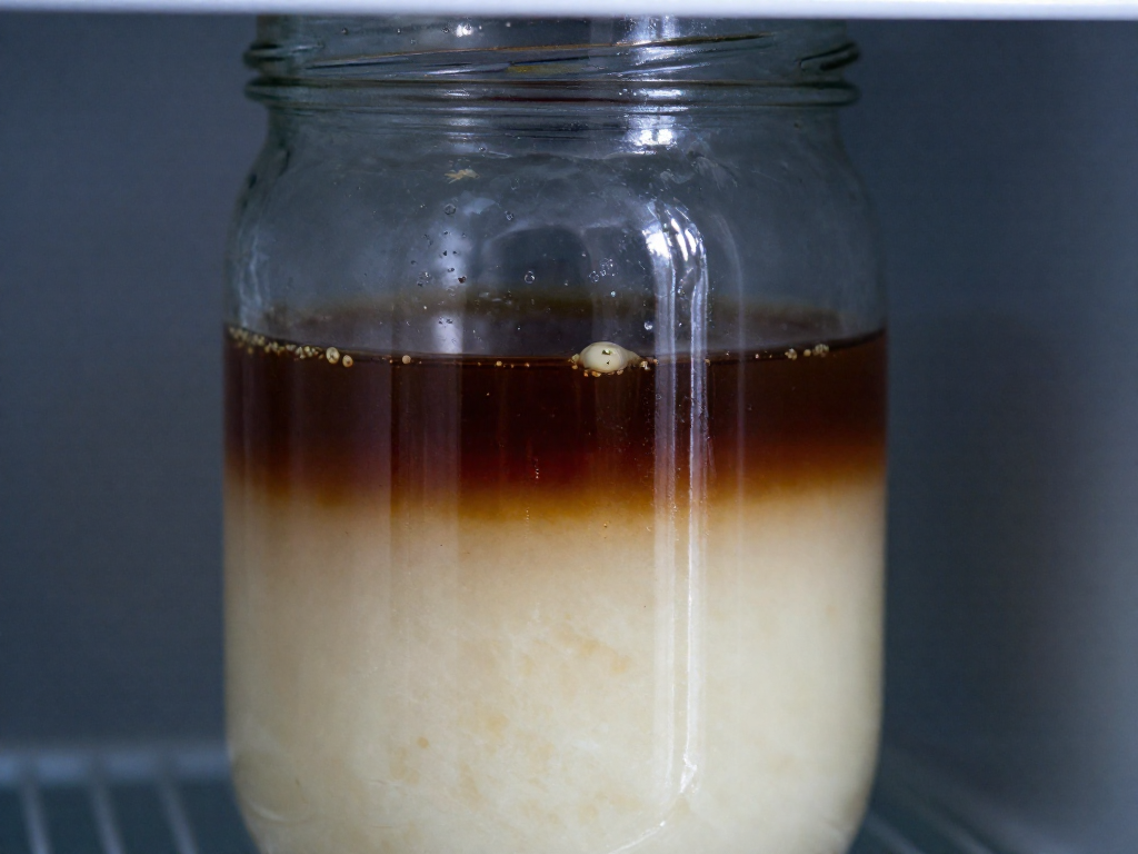 Close-up inside a refrigerator of a glass jar containing sourdough starter with a noticeable layer of dark amber liquid, called hooch, sitting on top of the thick starter.