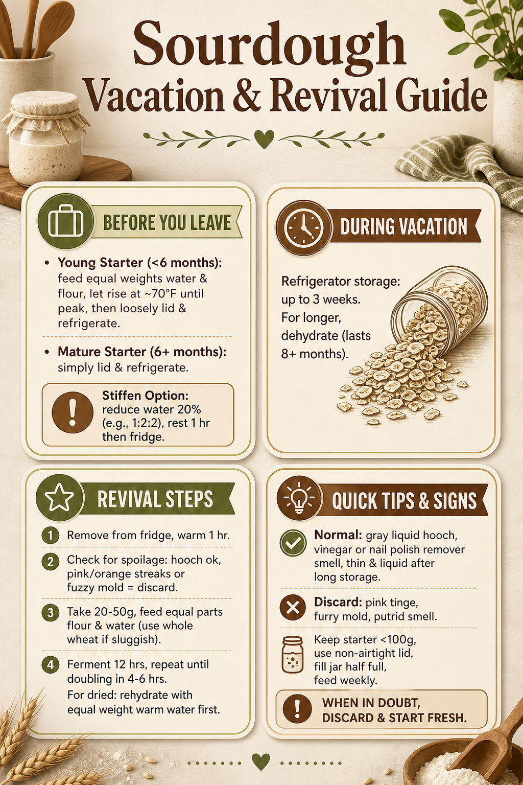An infographic titled 'Sourdough Vacation & Revival Guide' with four sections: Before You Leave (young starter feeding at 70°F and mature starter methods), During Vacation (refrigerator for up to 3 weeks or dehydrate), Revival Steps (warming, checking for spoilage, feeding 20-50g every 12 hours, using whole wheat flour), and Quick Tips & Signs (normal hooch vs. pink/furry discard signs, keep starter under 100g).