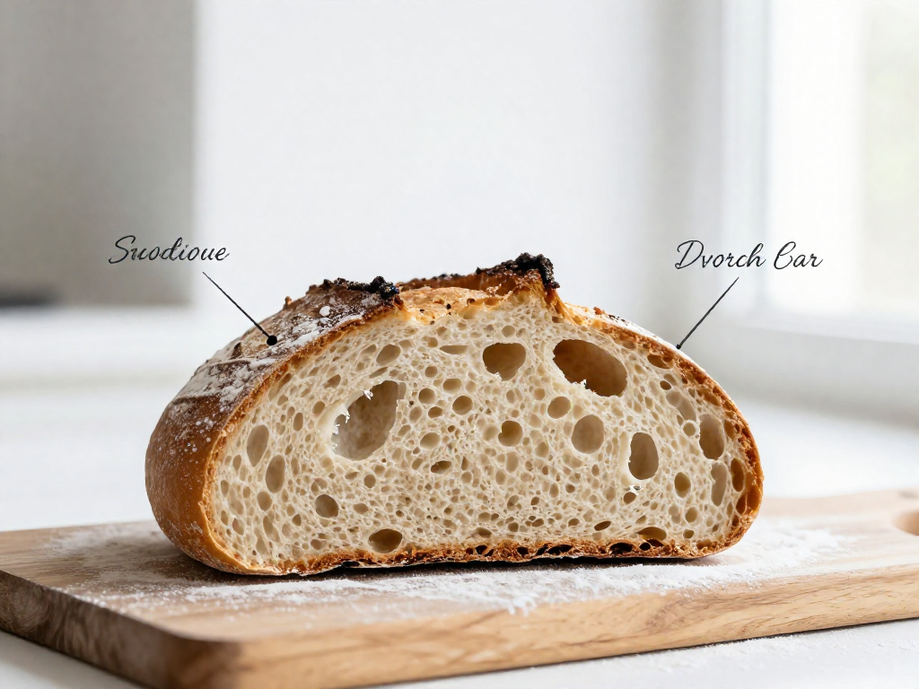 Cross-section of a sourdough loaf with labeled crust, crumb, and ear on a floured wooden board
