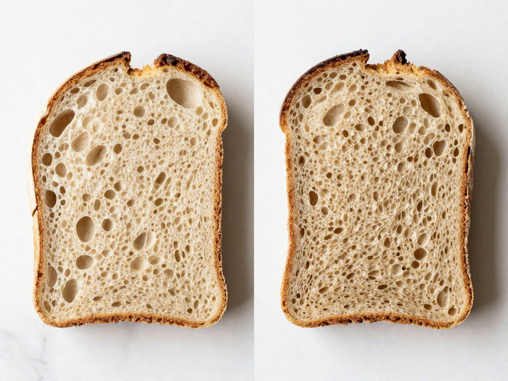 Comparison of open crumb versus tight crumb sourdough slices side by side