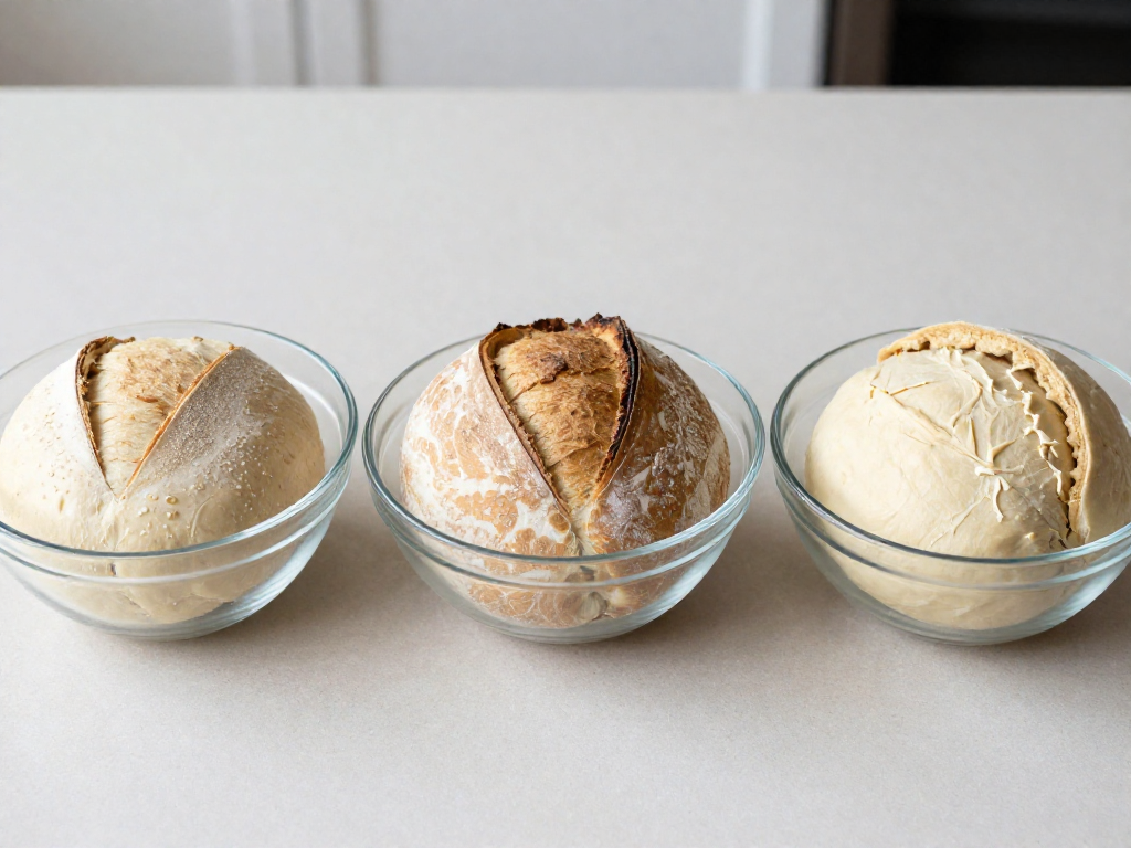 Three dough samples showing underproofed, perfectly proofed, and overproofed sourdough