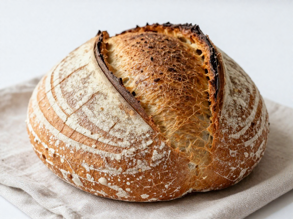 Close-up of a scored sourdough loaf showing a raised ear and golden crust