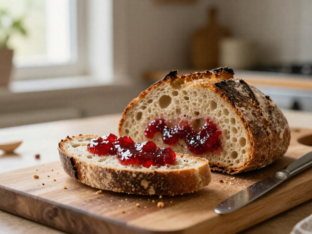 A slice of sourdough bread with a dense, homely crumb, generously spread with strawberry jam and resting on a wooden cutting board.